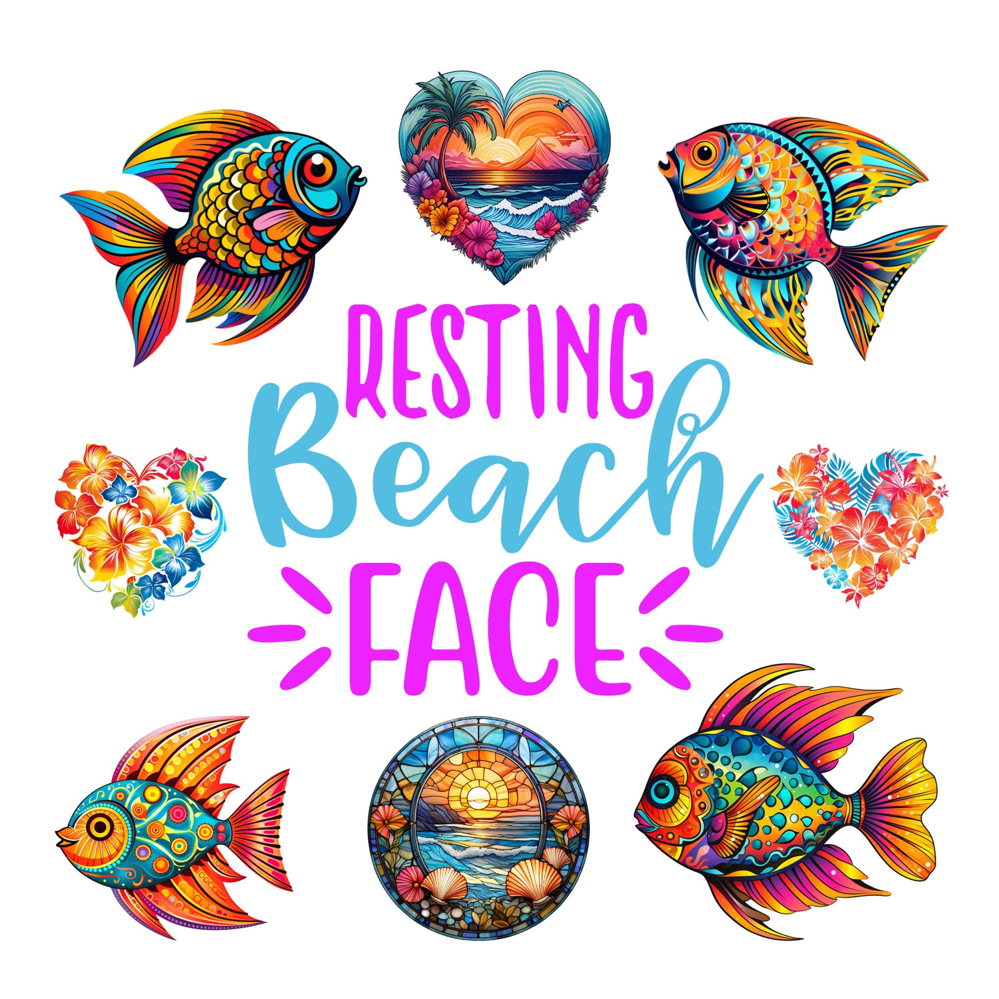 UV DTF Sticker print Resting Beach Face stained glass look fish and hearts sea creatures Element sheet decal, tumbler decal #4332