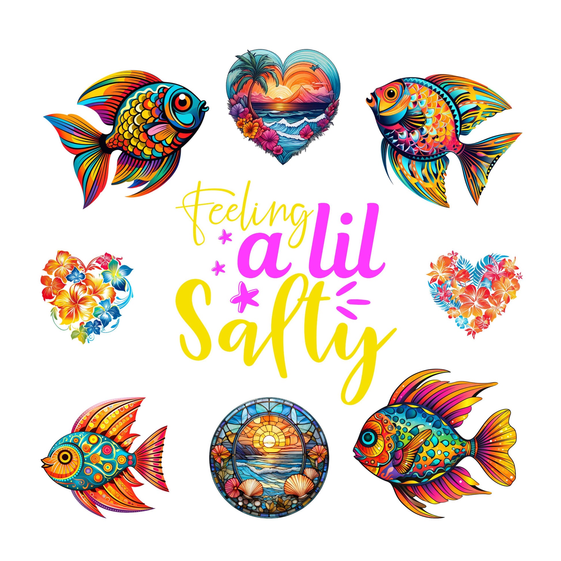 UV DTF Sticker print Feeling a lil salty stained glass look fish and hearts sea creatures Element sheet decal, tumbler decal #4333