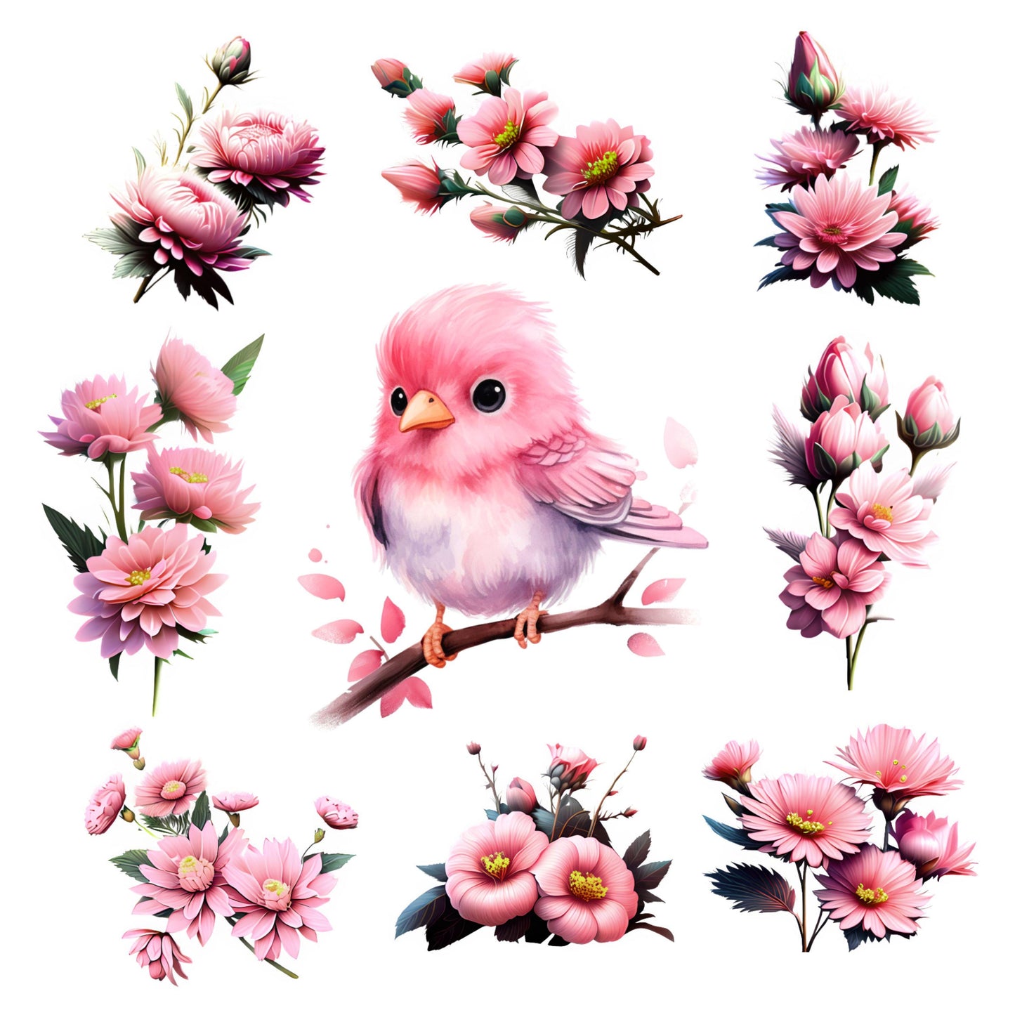 UV DTF Sticker print Pink bird and flowers Element sheet decal, tumbler decal #10120