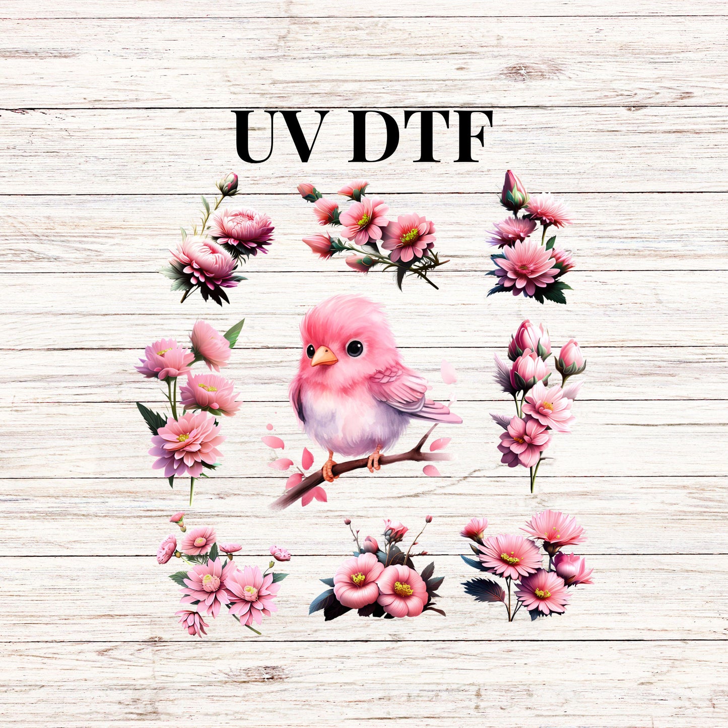 UV DTF Sticker print Pink bird and flowers Element sheet decal, tumbler decal #10120