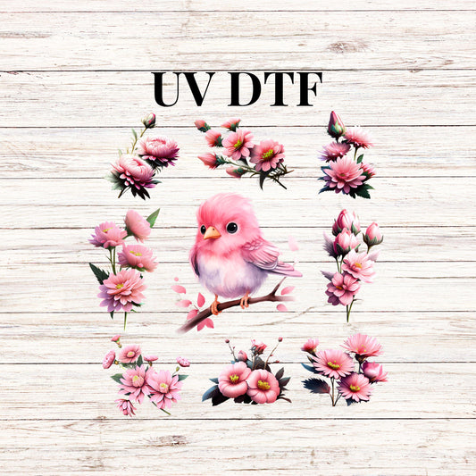 UV DTF Sticker print Pink bird and flowers Element sheet decal, tumbler decal #10120