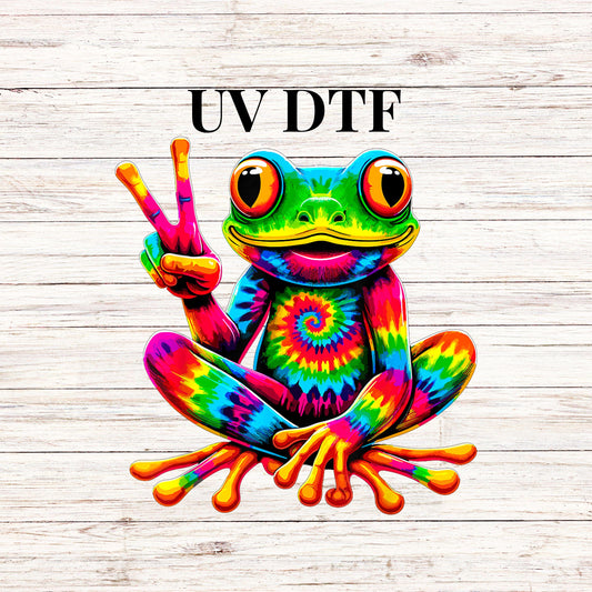 UV DTF Sticker print. Tie Dye Frog retro design decal, tumbler decal, permanent sticker. UV wrap for glass can tumbler.#1047