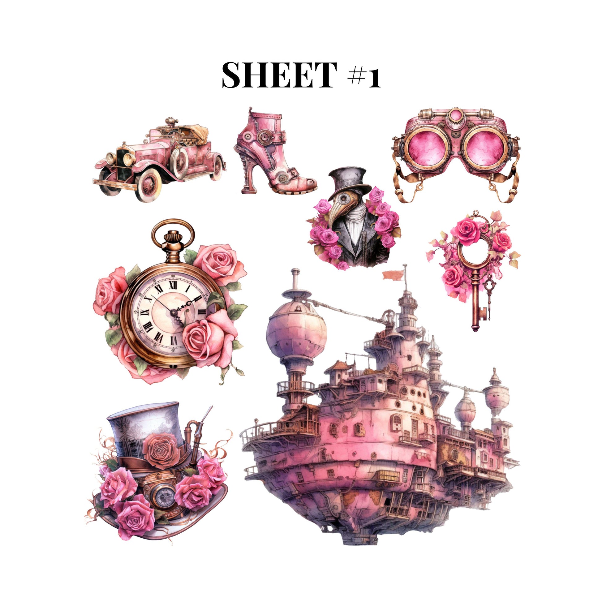 UV DTF Sticker print Pink Steampunk people, cars and clothes Element sheet decal, tumbler decal #10121