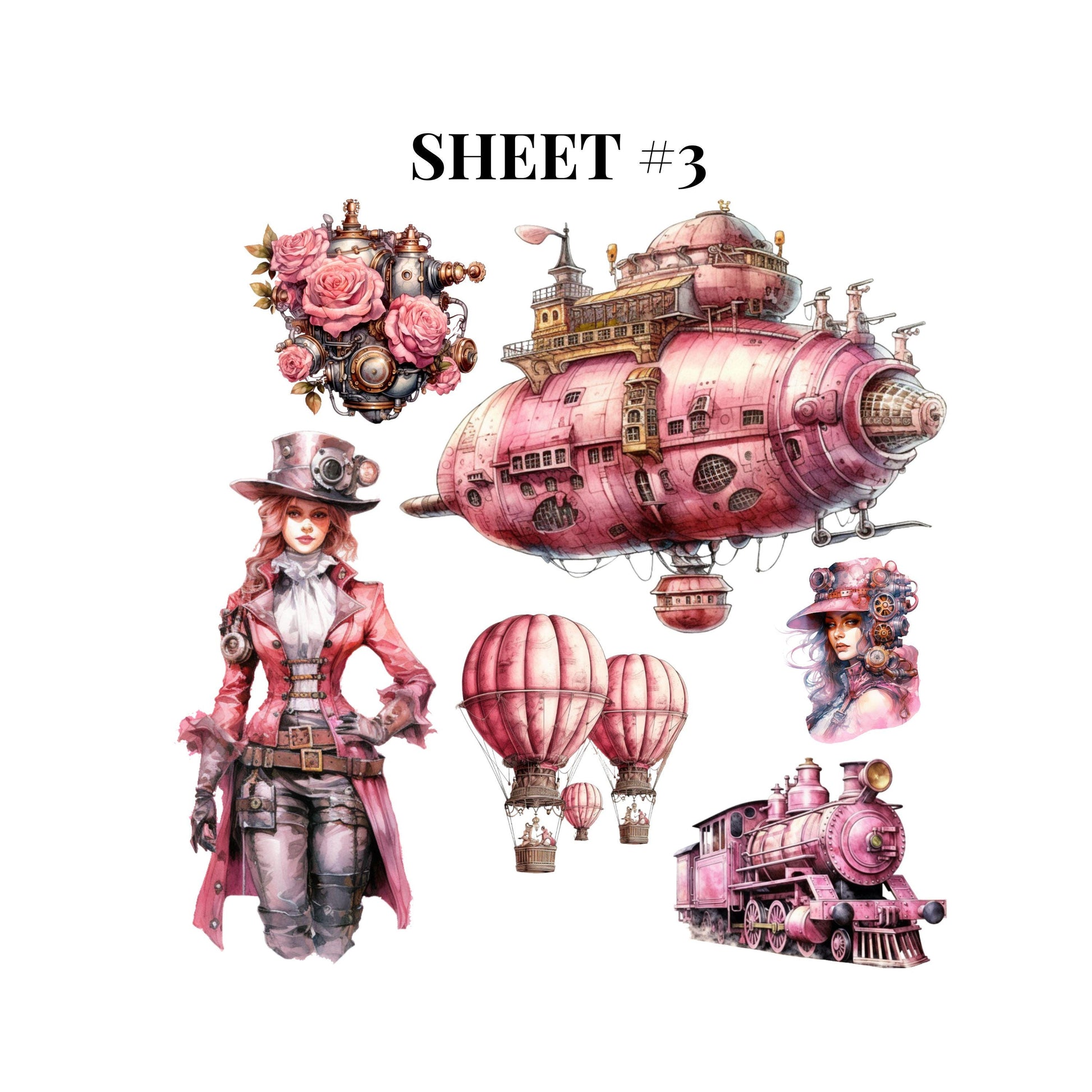 UV DTF Sticker print Pink Steampunk people, cars and clothes Element sheet decal, tumbler decal #10121