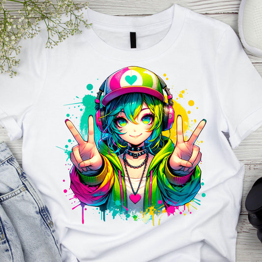 DTF ready to press transfer. Peace Signs Anime Kawaii girl crazy neon colors, Direct to film heat press transfer #11265