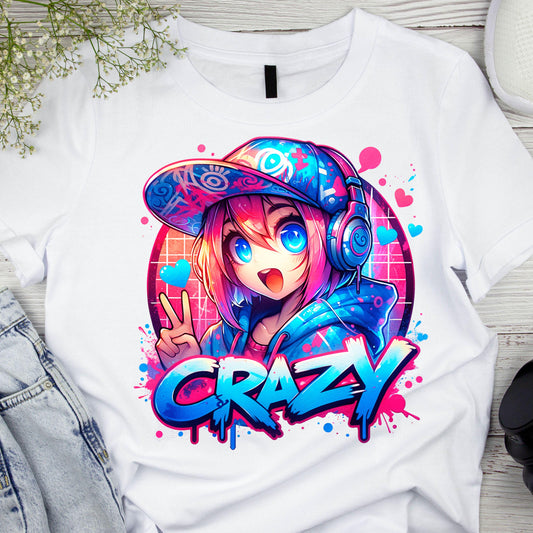 DTF ready to press transfer. Crazy Peace Anime Kawaii girl crazy neon colors, Direct to film heat press transfer #11267