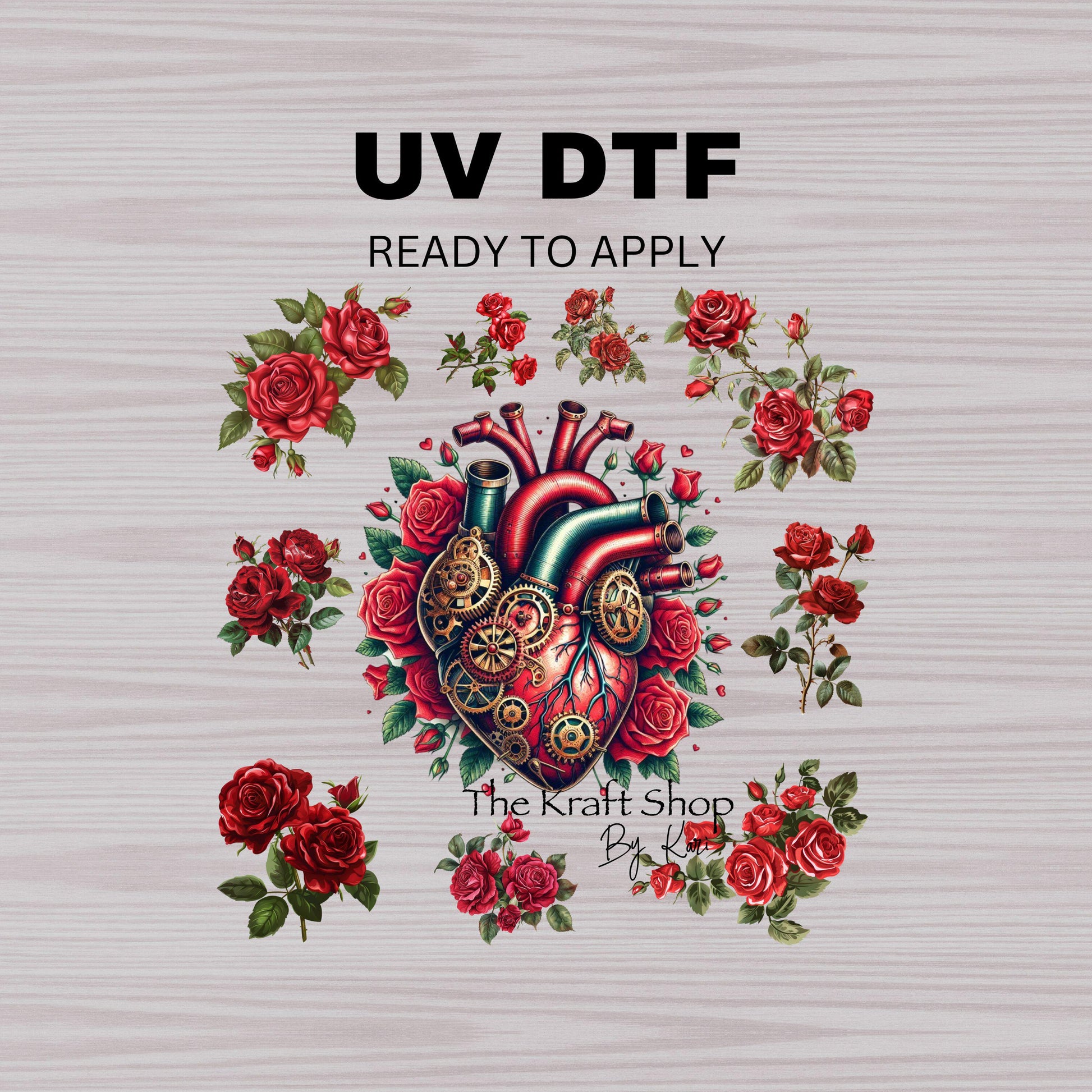 UV DTF Sticker print Steampunk Heart with Roses Valentines Element sheet decal, tumbler decal #10124