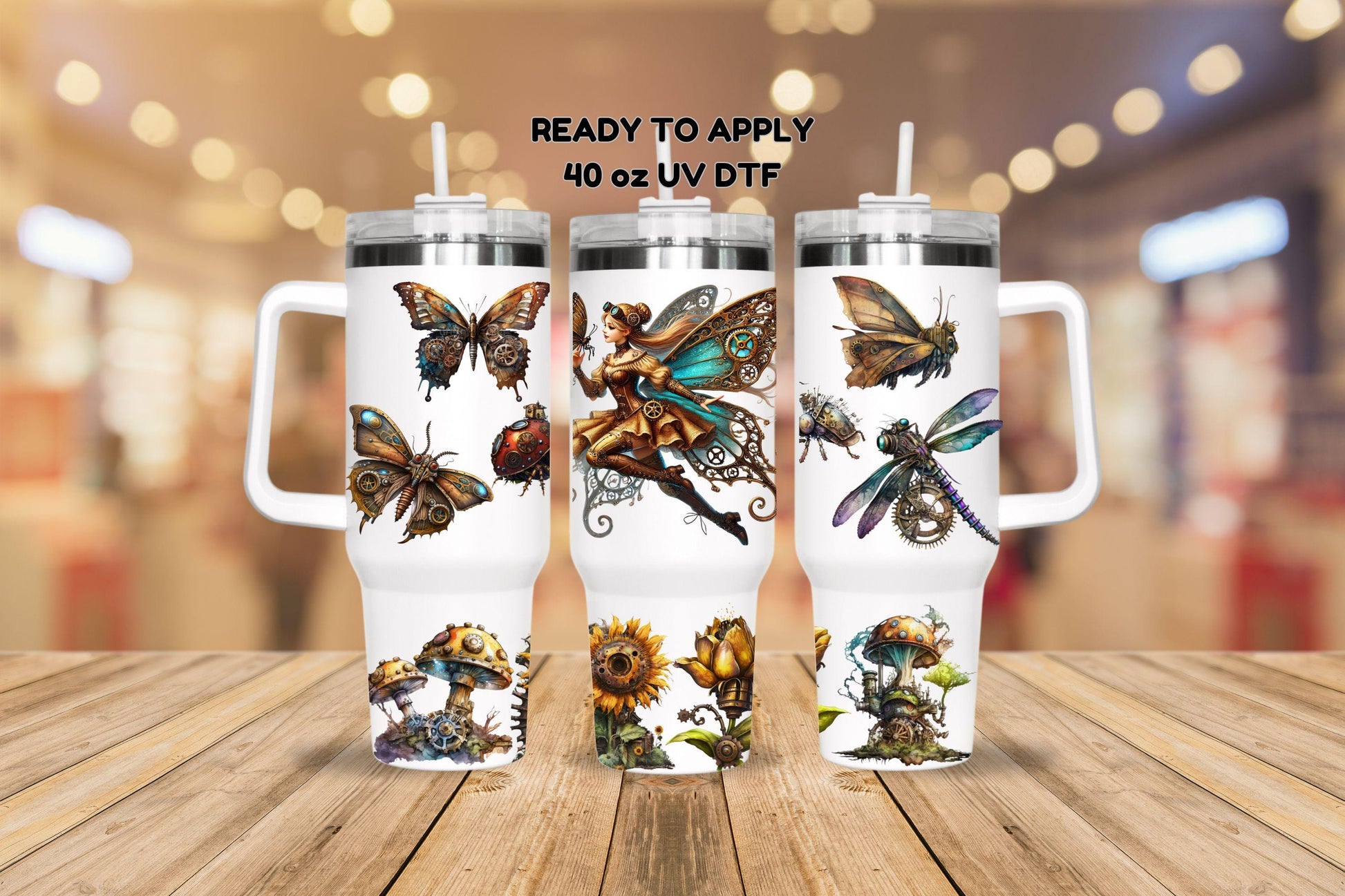 UV DTF 40 oz ready to apply Steampunk Fairy and butterflies wrap. Permanent sticker. UV wrap quencher #3074