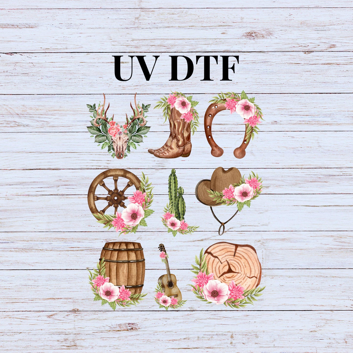 UV DTF Sticker print Western with flowers Element sheet decal, tumbler decal, permanent sticker. Uv wrap for glass can tumbler. #2026