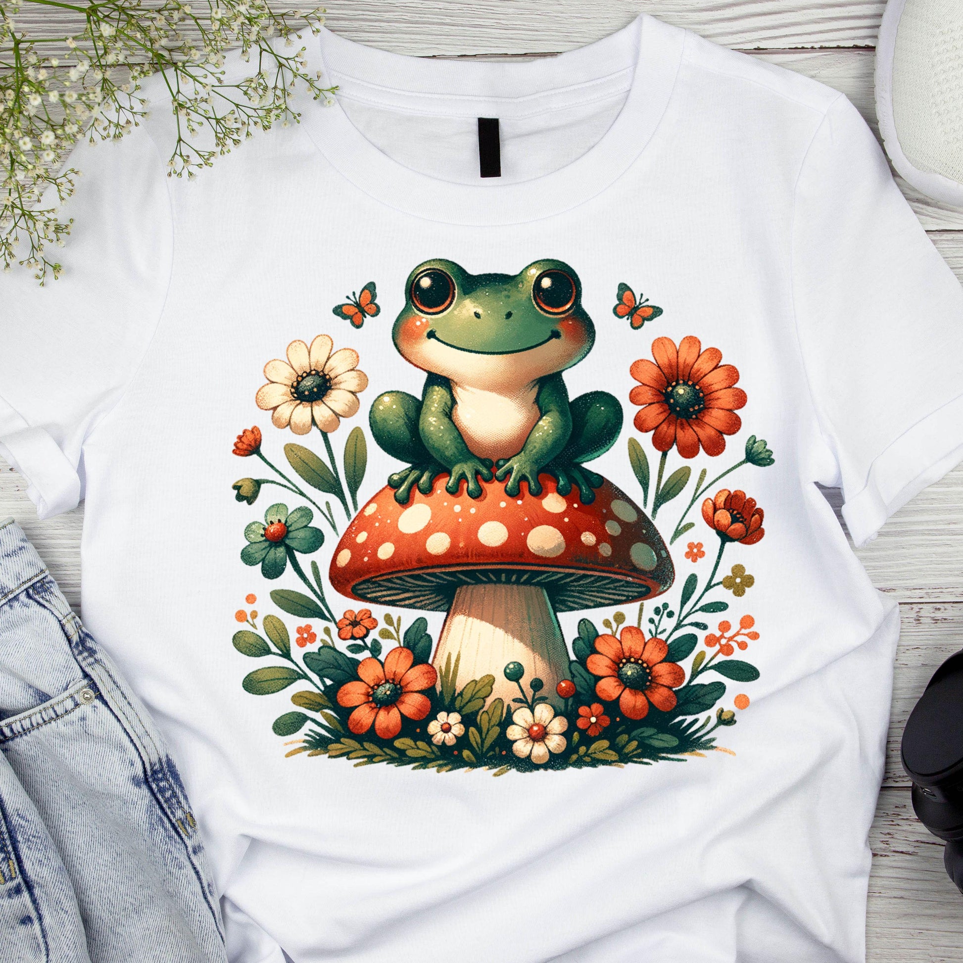 DTF ready to press transfer. Retro cute frog sitting on a mushroom with flowers, Direct to film heat press transfer. DTF Print #11226