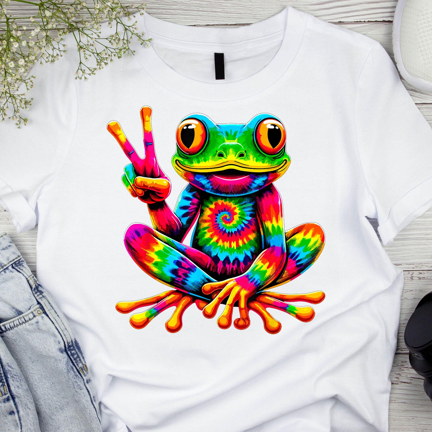 DTF ready to press transfer. Tie Dye Frog peace sign , Direct to film heat press transfer. DTF Print #11229