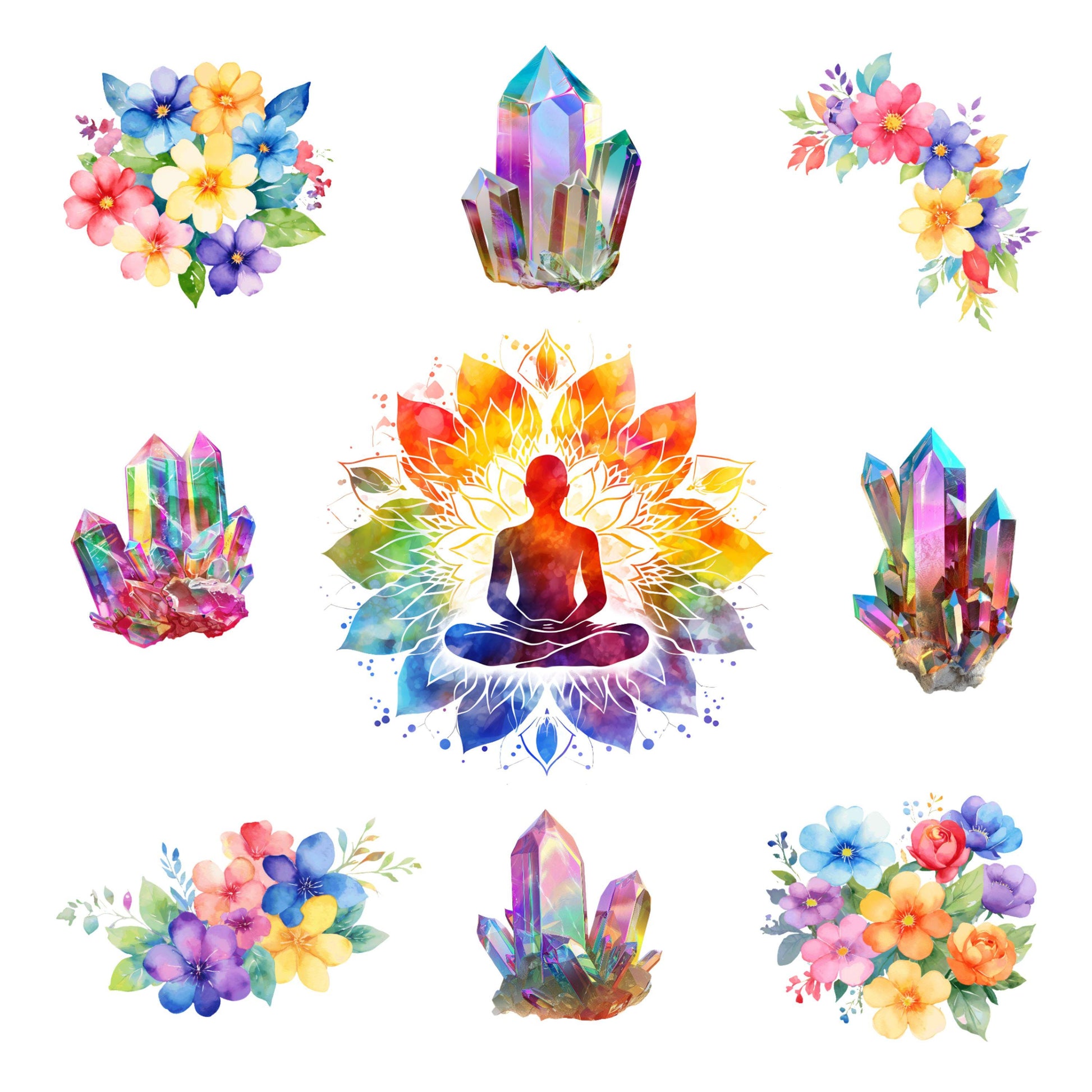 UV DTF Sticker print Rainbow Zen with flowers and crystals, dream catcher and moon Element sheet decal, tumbler decal #10113