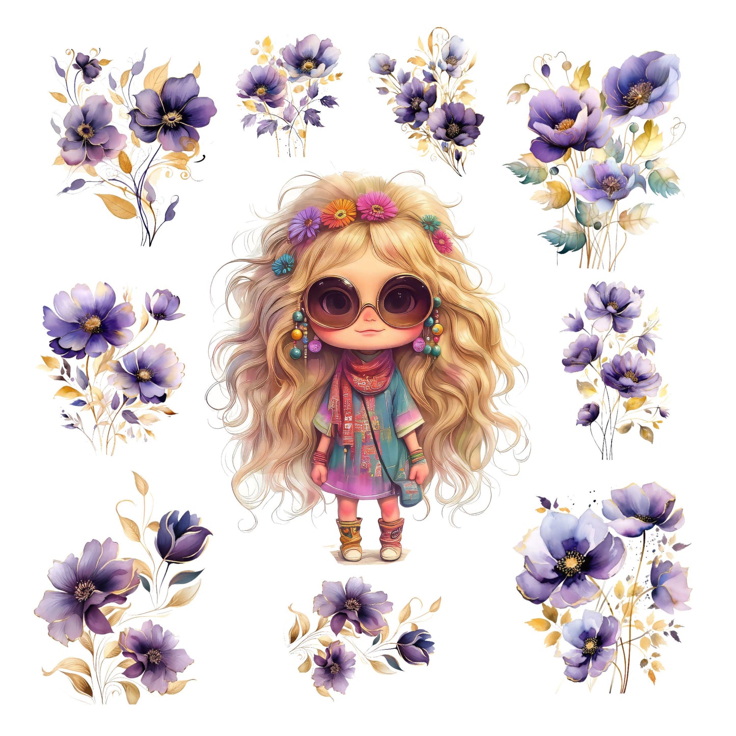 UV DTF Sticker print Hippie blonde with purple flowers Element sheet decal, tumbler decal, permanent sticker. #10115