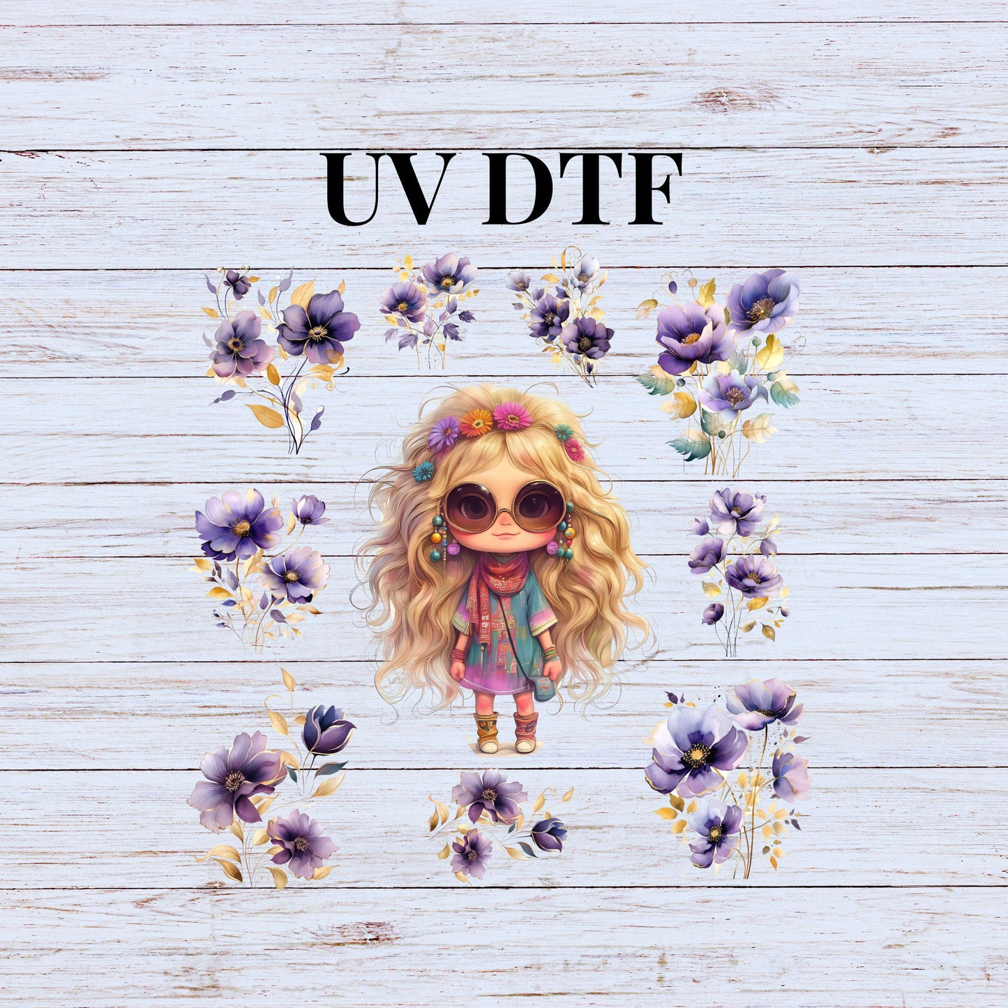 UV DTF Sticker print Hippie blonde with purple flowers Element sheet decal, tumbler decal, permanent sticker. #10115