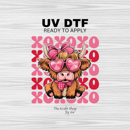 UV DTF Sticker print. OXOX cow with pink bow and sunglasses Valentine's Day decal, tumbler decal, permanent sticker. #4355