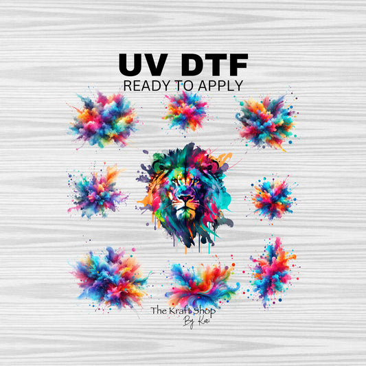 UV DTF Sticker print. Rainbow lion with rainbow clouds element bundle of decals, tumbler decal. UV wrap for glass can tumbler.#10135