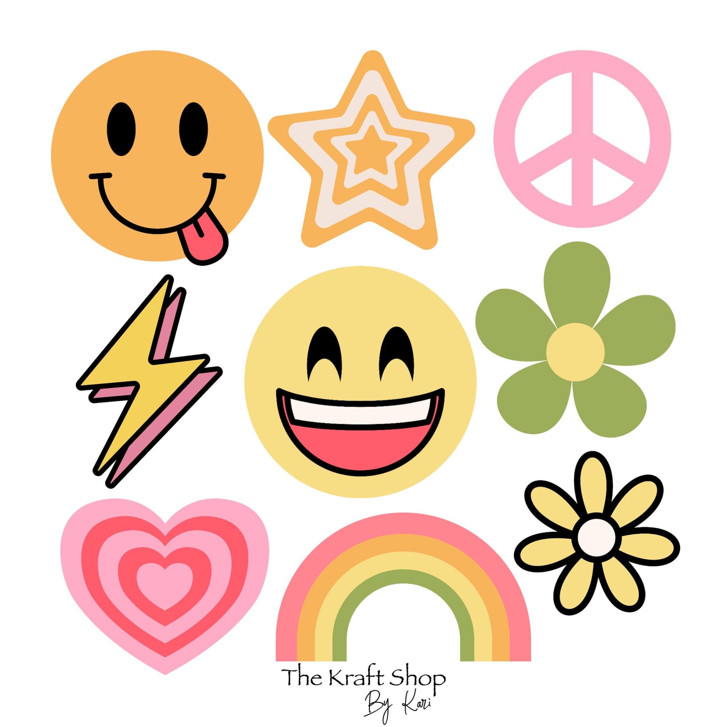 UV DTF Sticker print. Retro element bundle of decals smiley face rainbows flowers peace sign, tumbler decal. #10137