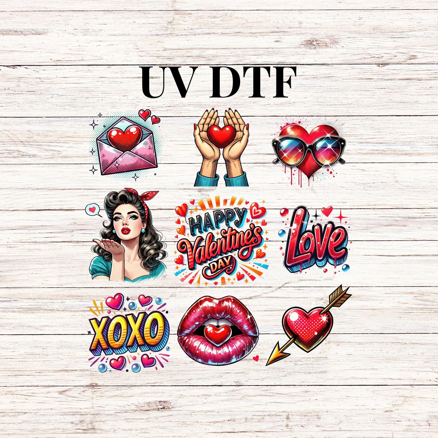 UV DTF Sticker print Pop art retro Happy Valentines Day Element sheet decal, tumbler decal #7269