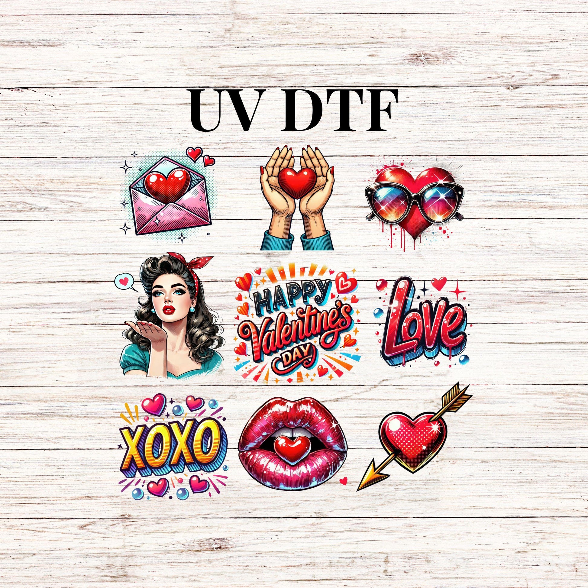 UV DTF Sticker print Pop art retro Happy Valentines Day Element sheet decal, tumbler decal #7269