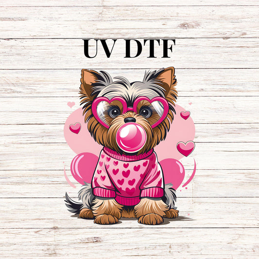 UV DTF Sticker print. Valentine Dog blowing pink bubble decal, tumbler decal, permanent sticker. UV wrap for glass can tumbler.#7271