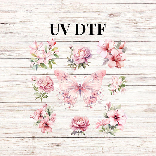 UV DTF Sticker print Pink flowers and butterfly Element sheet decal, tumbler decal #10118