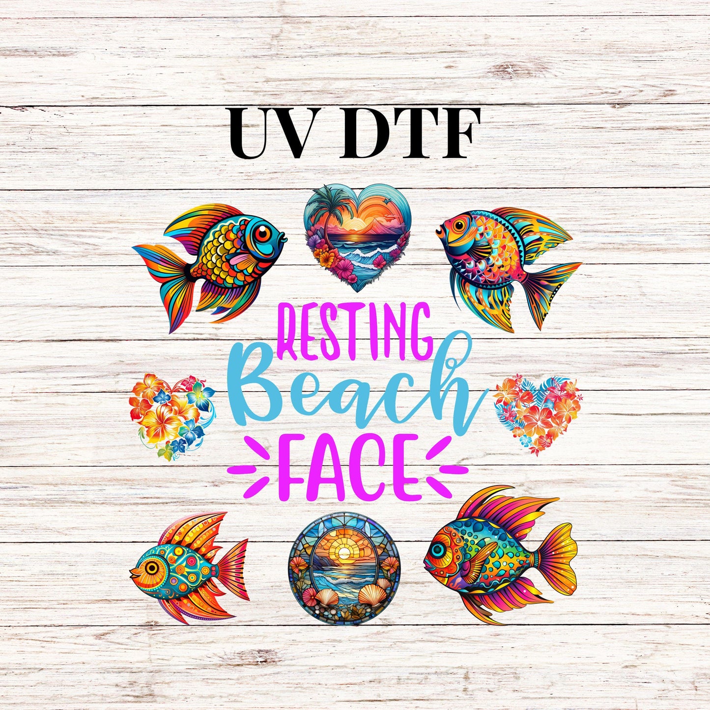 UV DTF Sticker print Resting Beach Face stained glass look fish and hearts sea creatures Element sheet decal, tumbler decal #4332