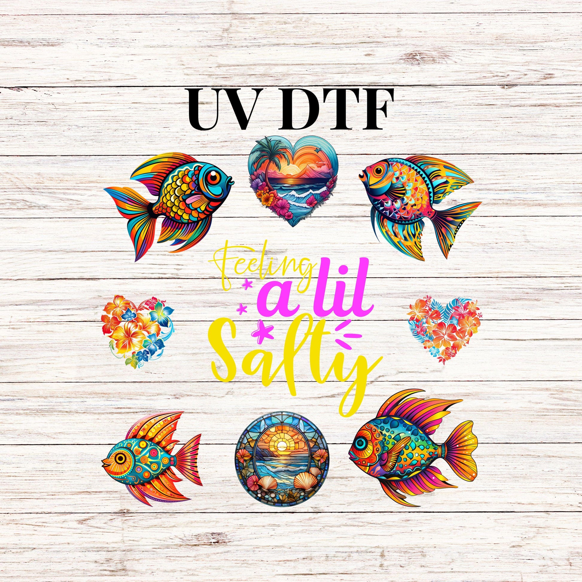 UV DTF Sticker print Feeling a lil salty stained glass look fish and hearts sea creatures Element sheet decal, tumbler decal #4333