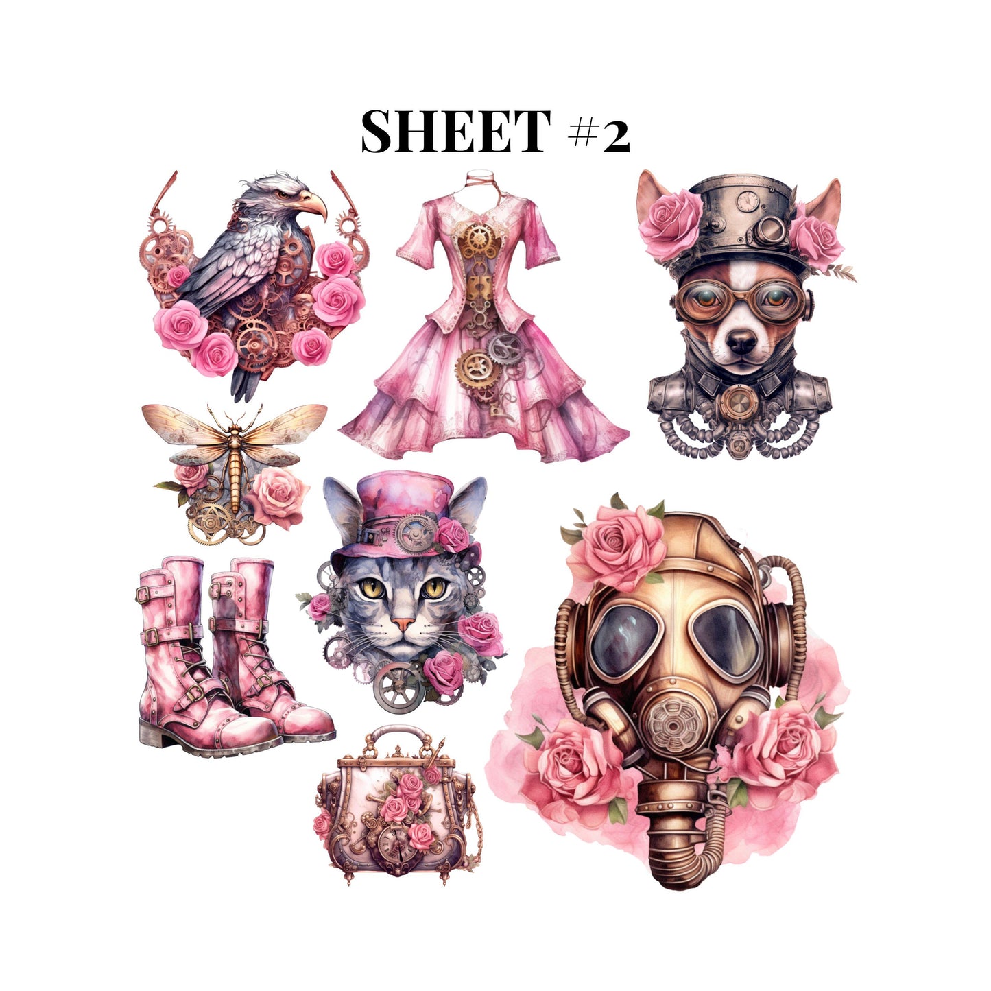 UV DTF Sticker print Pink Steampunk people, cars and clothes Element sheet decal, tumbler decal #10121