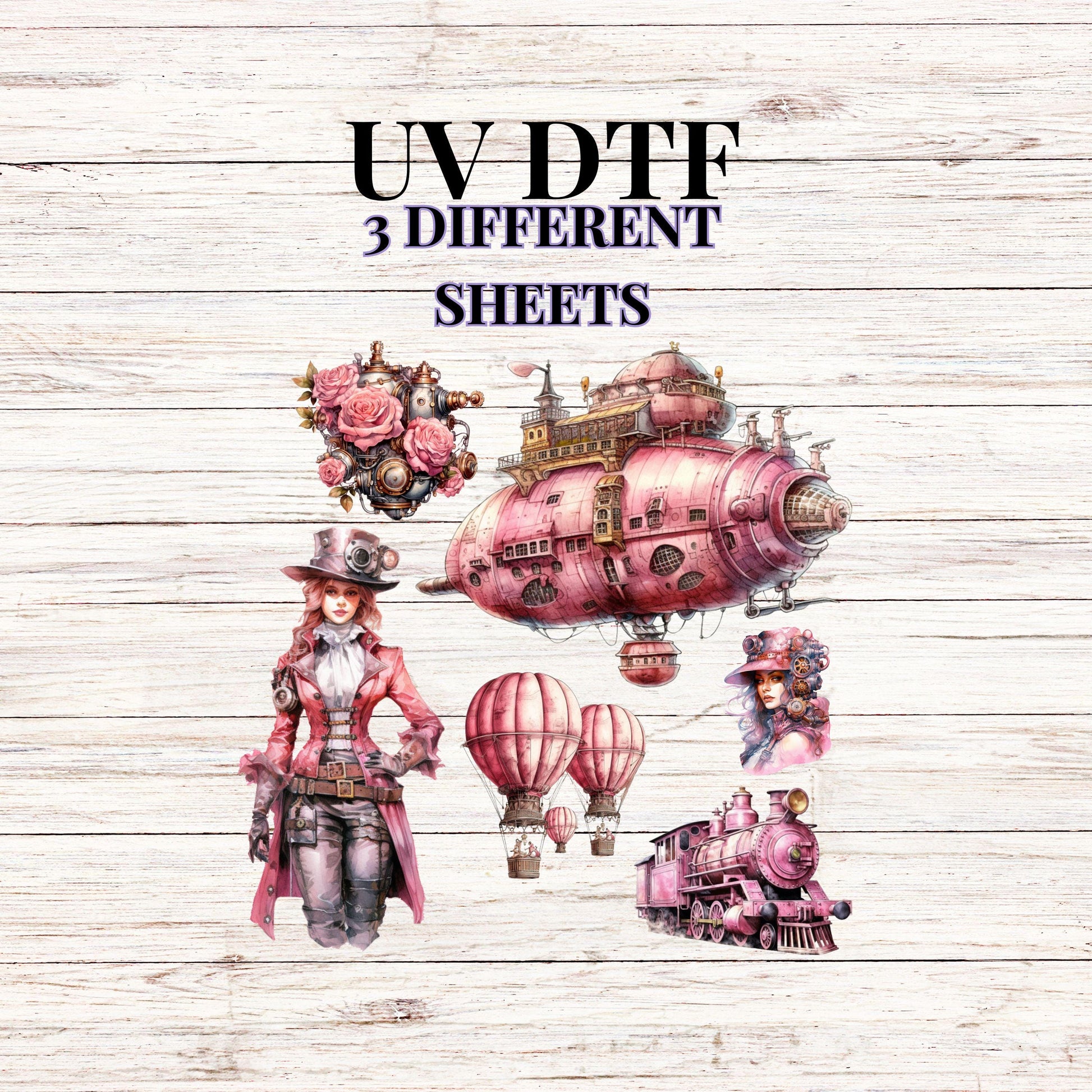 UV DTF Sticker print Pink Steampunk people, cars and clothes Element sheet decal, tumbler decal #10121