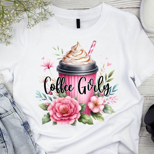 DTF ready to press transfer. Coffee Girly pink flowers coffee lover, Direct to film heat press transfer #11258