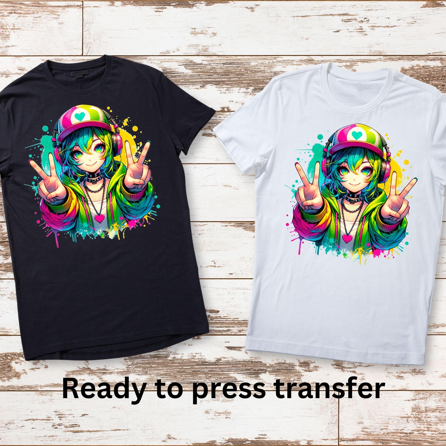 DTF ready to press transfer. Peace Signs Anime Kawaii girl crazy neon colors, Direct to film heat press transfer #11265