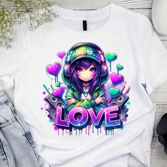 DTF ready to press transfer. Love Anime Kawaii girl crazy neon colors, Direct to film heat press transfer #11266