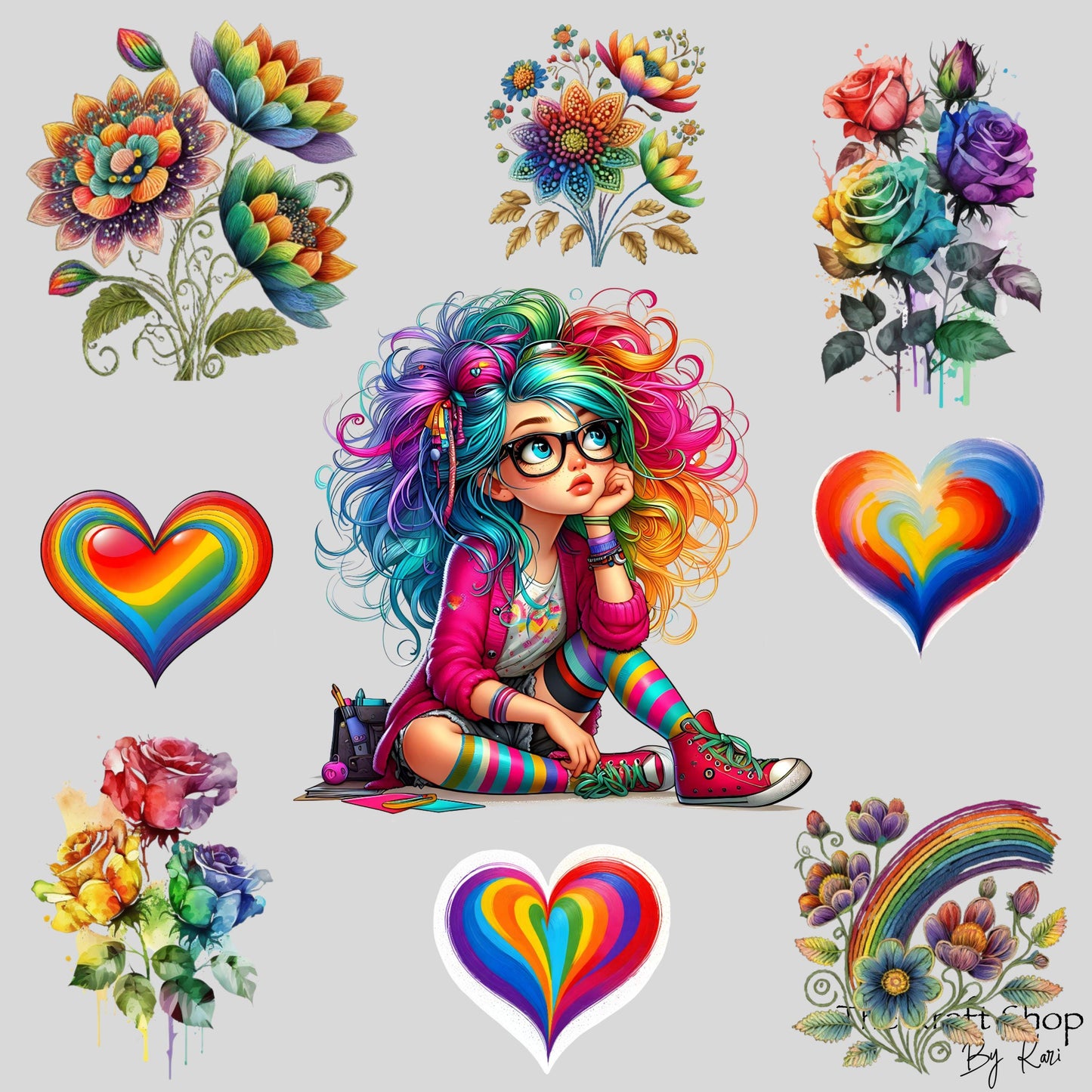 UV DTF Sticker print. Rainbow girl quirky with rainbow flowers and hearts element bundle of decals, tumbler decal. #10142