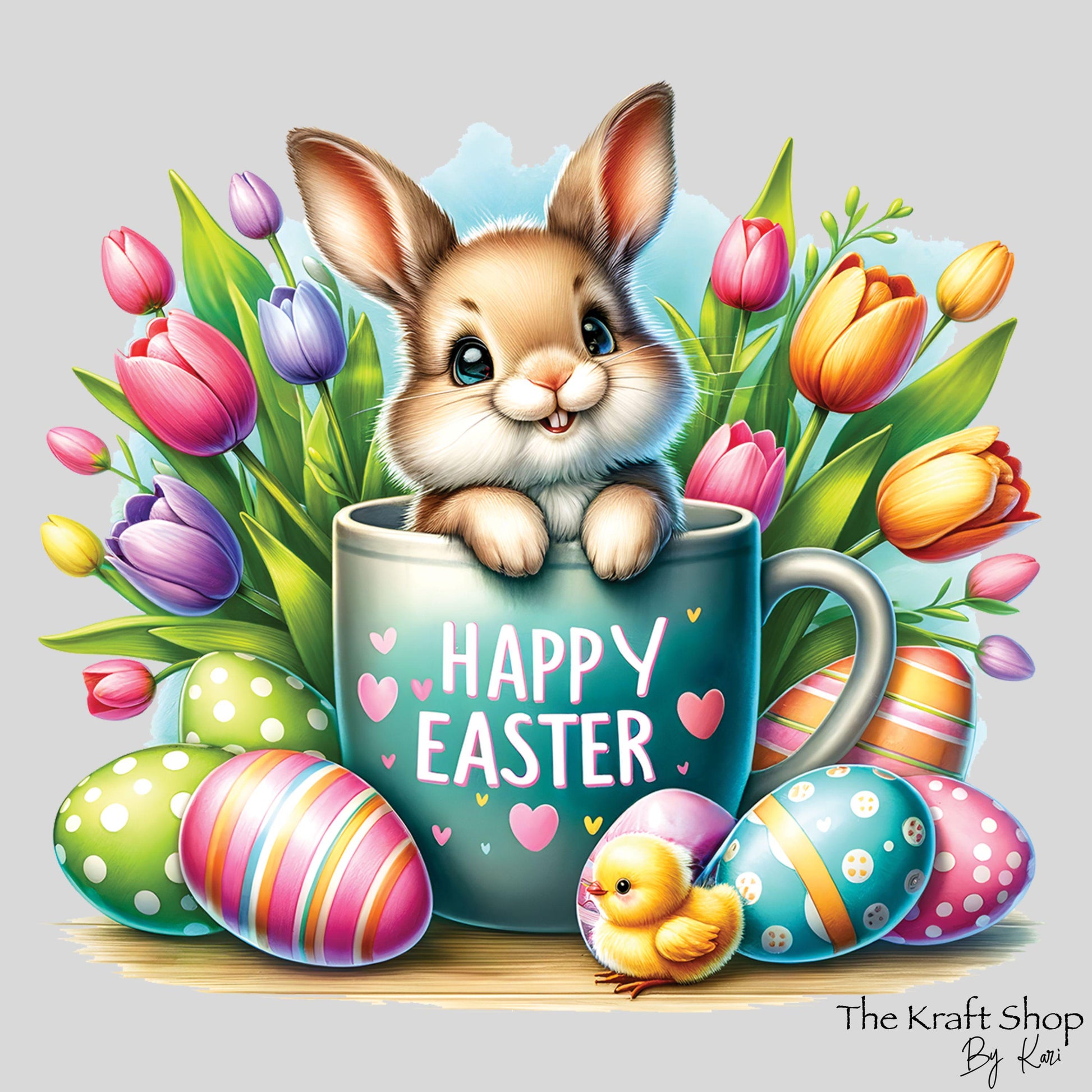 UV DTF Sticker print. Happy Easter Bunny in blue mug Flowers Christian decal, tumbler decal, permanent sticker. #7281