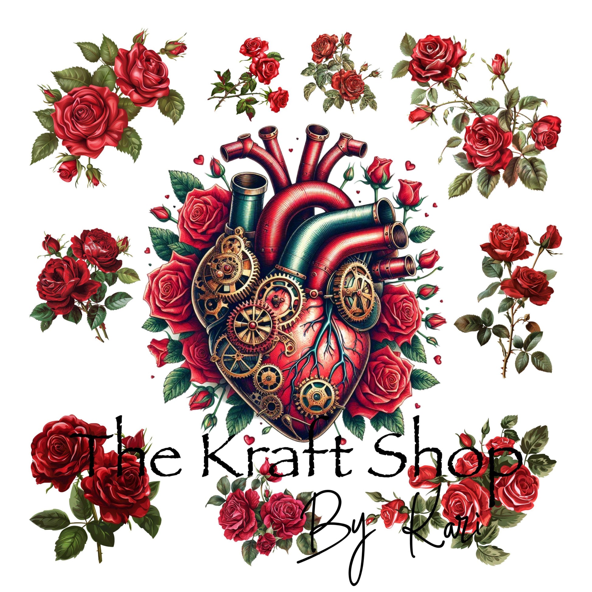 UV DTF Sticker print Steampunk Heart with Roses Valentines Element sheet decal, tumbler decal #10124