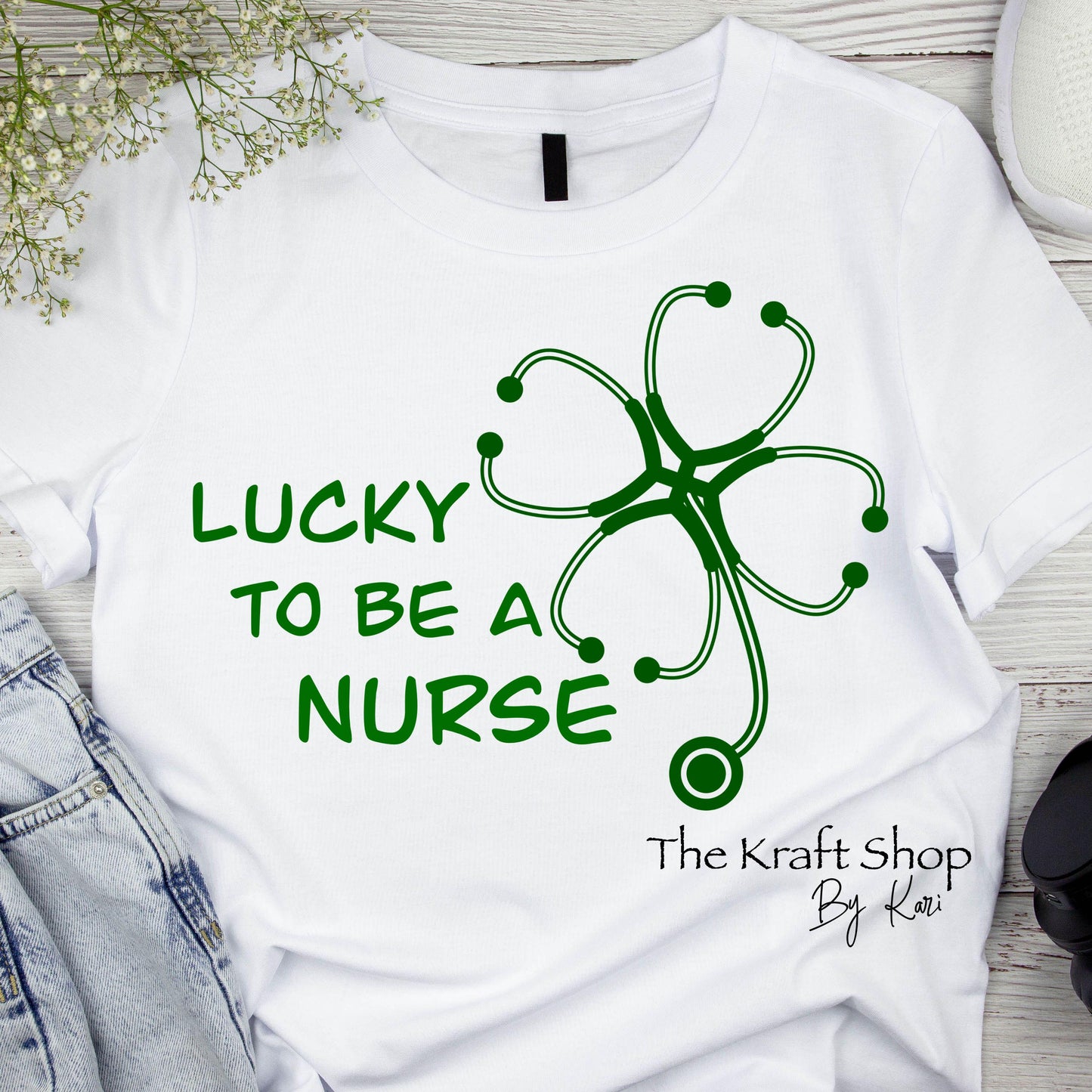 DTF ready to press transfer. Lucky to be a nurse St. Patrick's Day green stethoscope Direct to film heat press transfer. #11311