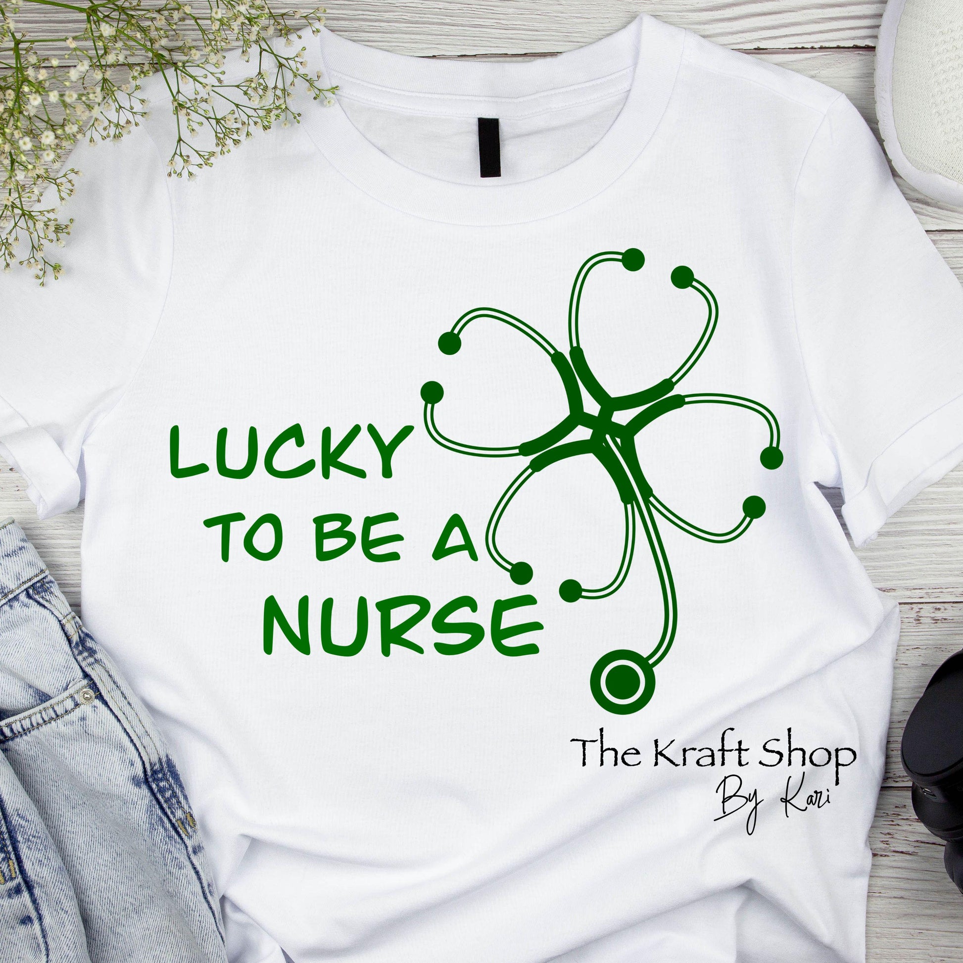 DTF ready to press transfer. Lucky to be a nurse St. Patrick's Day green stethoscope Direct to film heat press transfer. #11311
