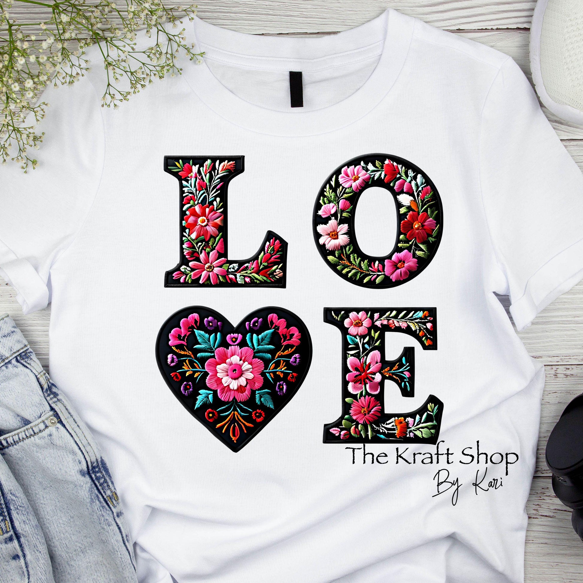 DTF ready to press transfer. Embroidery Love with embroidery look letters, Direct to film heat press transfer. #11314
