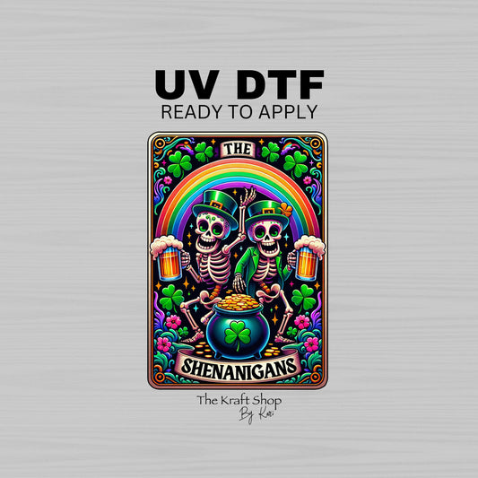 UV DTF Sticker print Shenanigans St Patricks Day Skeletons tarot card decal, tumbler decal, permanent sticker. #7286