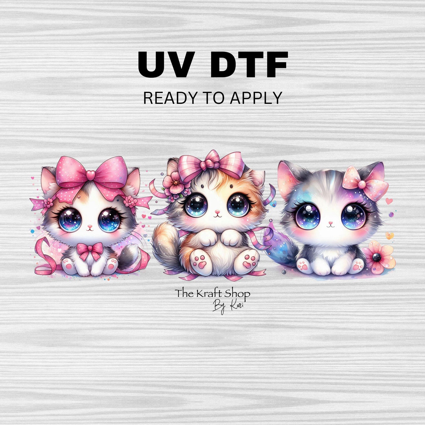 UV DTF Sticker print. Pink Cats with pink bows cute wrap decal, tumbler decal. UV wrap for glass can tumbler. #1050