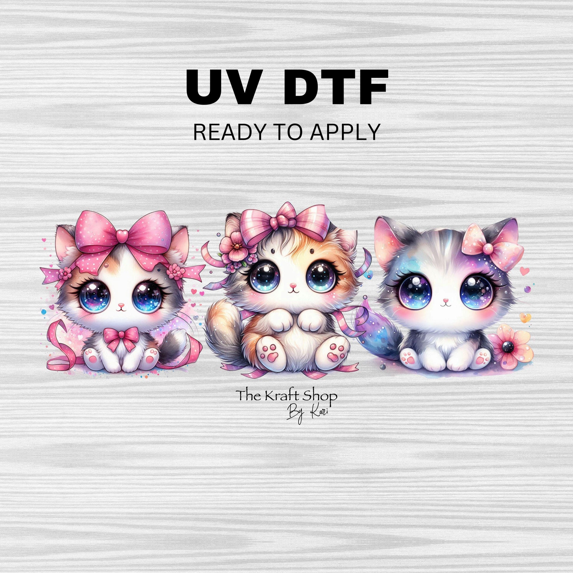 UV DTF Sticker print. Pink Cats with pink bows cute wrap decal, tumbler decal. UV wrap for glass can tumbler. #1050