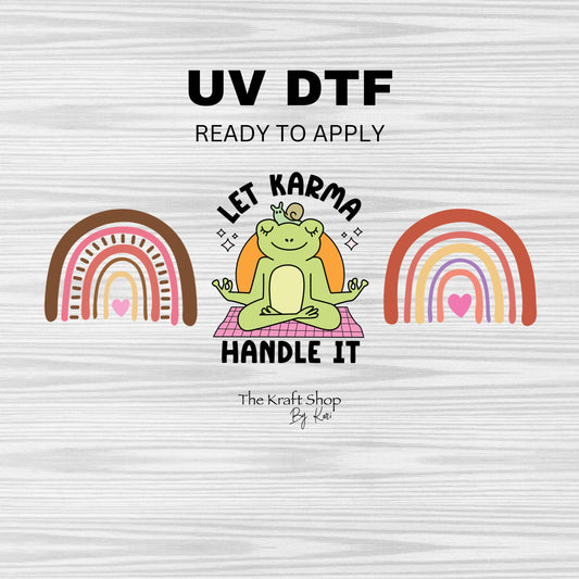 UV DTF Sticker print. Let Karma Handle It meditating frog and retro rainbows wrap decal, tumbler decal. UV wrap for glass can tumbler. #5246