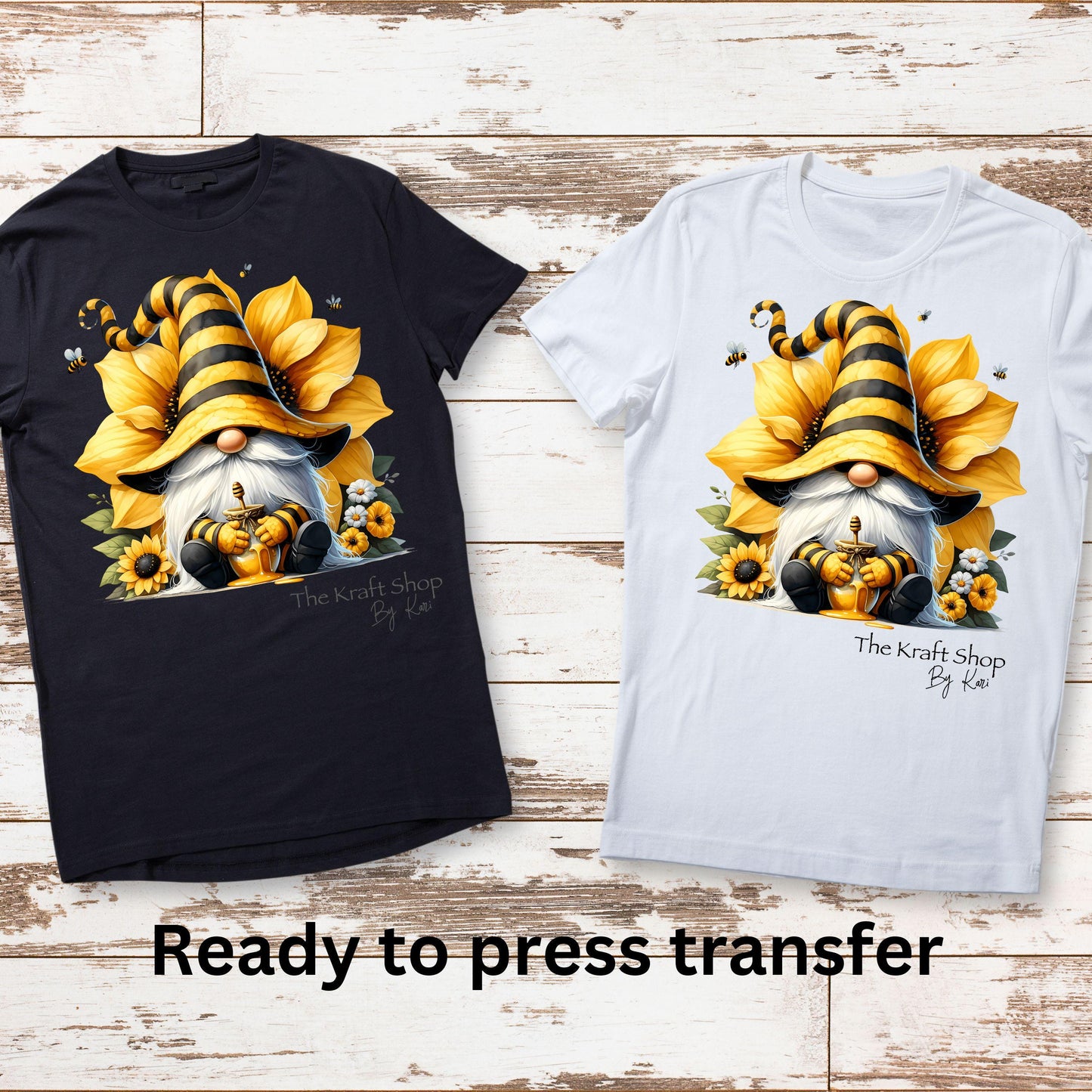 DTF ready to press transfer. Honey Bee Gnome with flowers shirt transfer, Direct to film heat press transfer. #11346