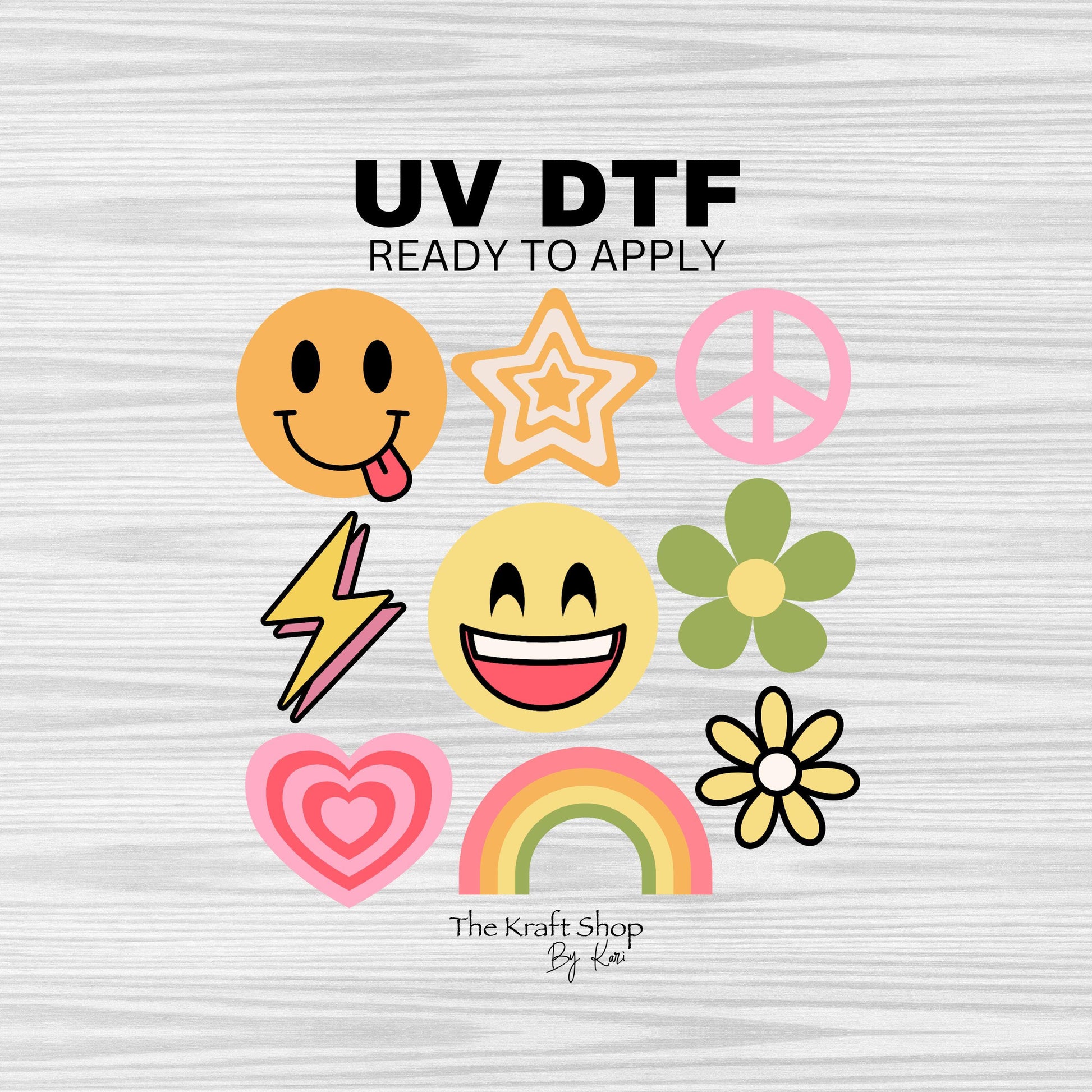 UV DTF Sticker print. Retro element bundle of decals smiley face rainbows flowers peace sign, tumbler decal. #10137