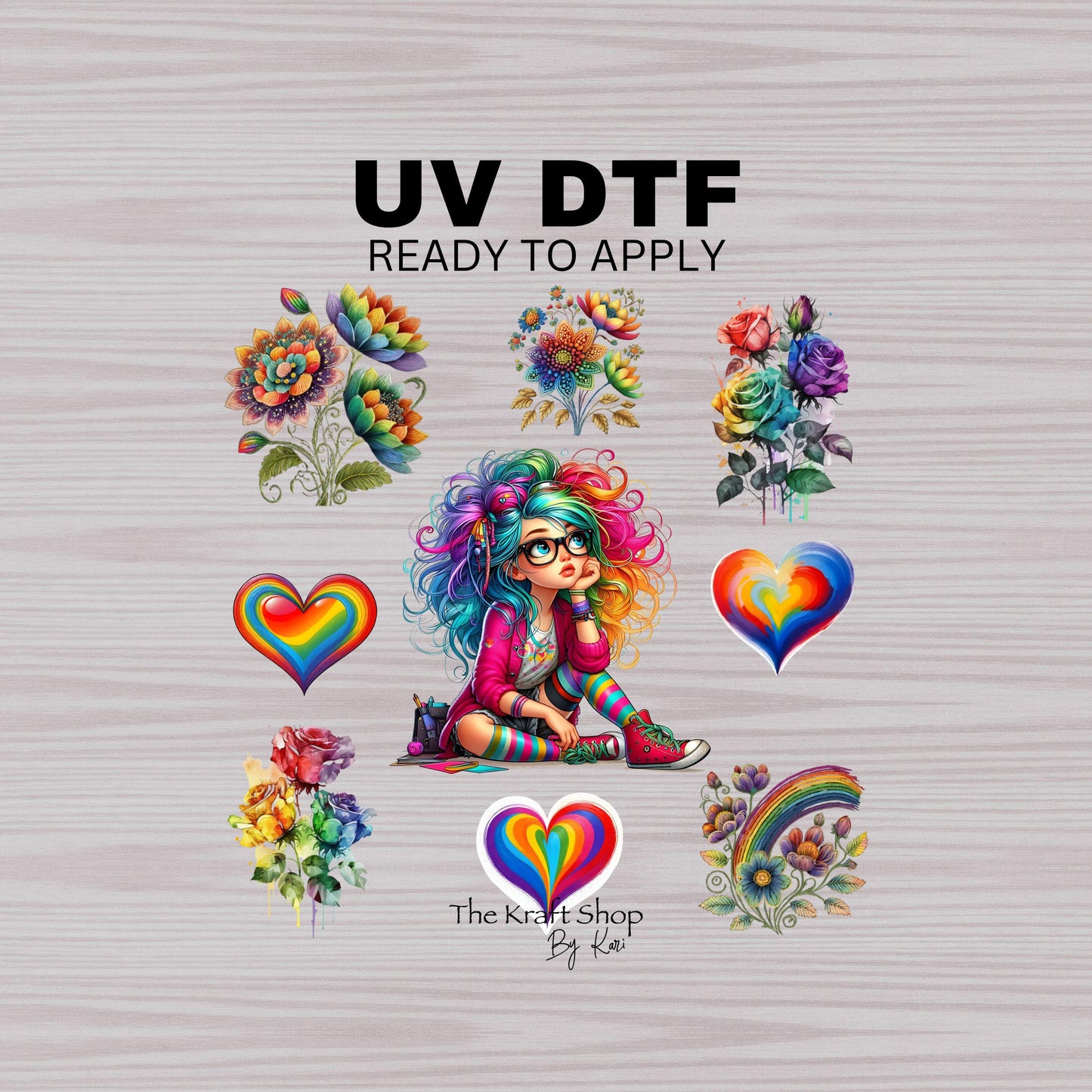 UV DTF Sticker print. Rainbow girl quirky with rainbow flowers and hearts element bundle of decals, tumbler decal. #10142