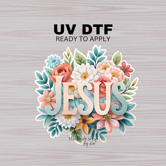 UV DTF Sticker print. Jesus Pastel Flowers Christian decal, tumbler decal, permanent sticker. Uv wrap for glass can tumbler. #7280