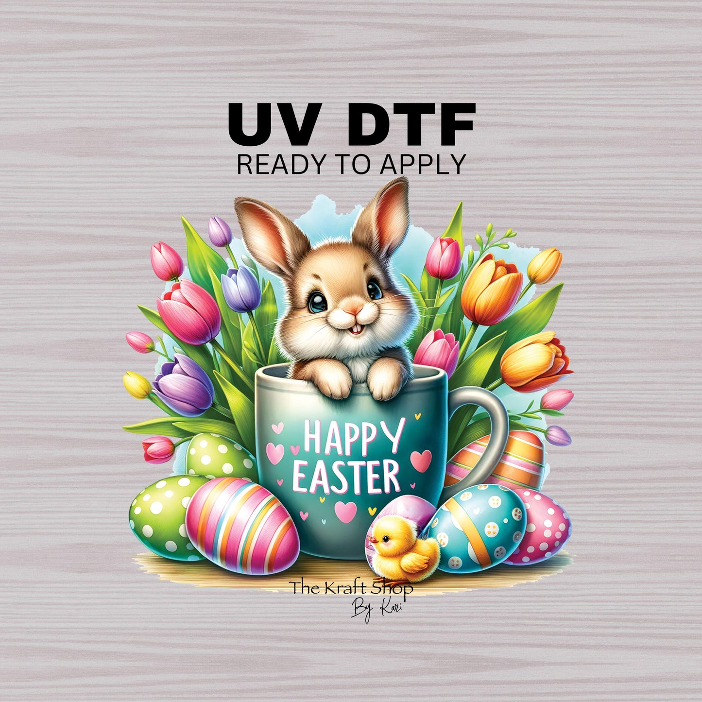 UV DTF Sticker print. Happy Easter Bunny in blue mug Flowers Christian decal, tumbler decal, permanent sticker. #7281