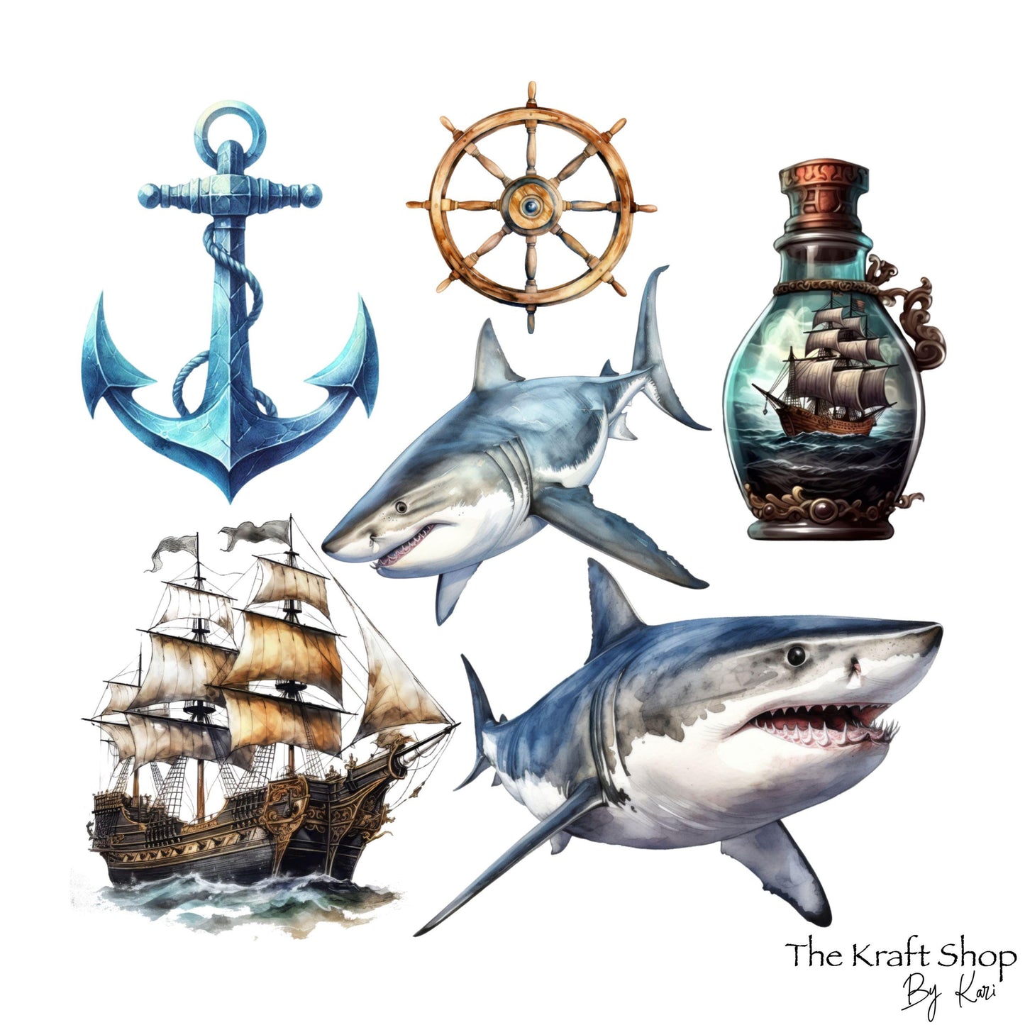 UV DTF Sticker print Shark Element Sheet 8x8 real life shark anchor boat decal, tumbler decal, permanent sticker. #10146