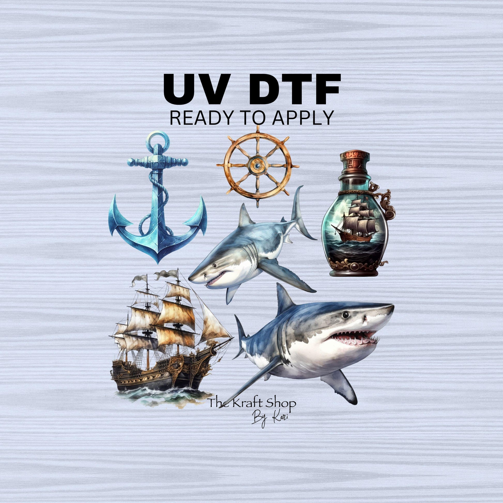 UV DTF Sticker print Shark Element Sheet 8x8 real life shark anchor boat decal, tumbler decal, permanent sticker. #10146