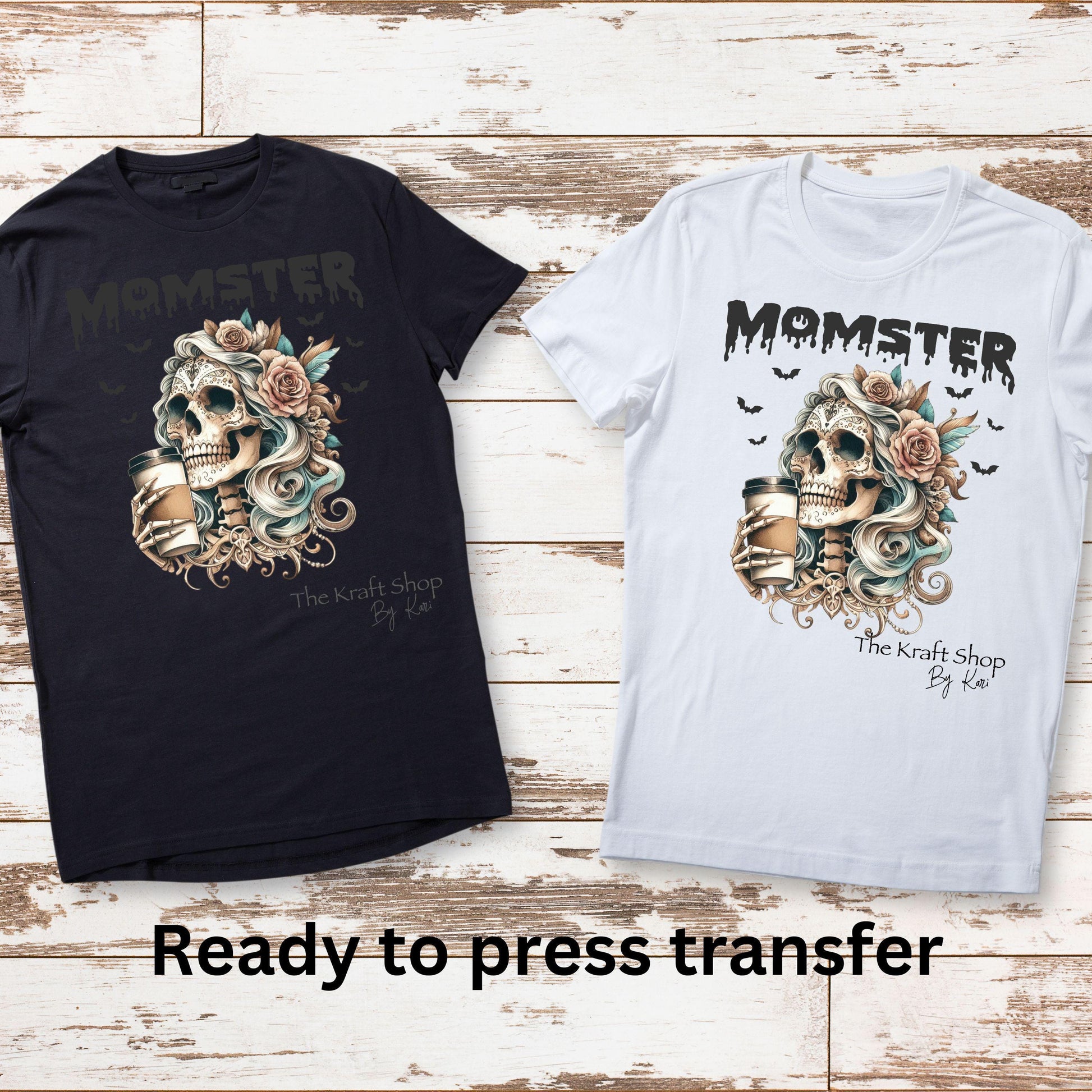 DTF ready to press transfer. Momster skeleton with coffee and bats shirt transfer, Direct to film heat press transfer. #11341